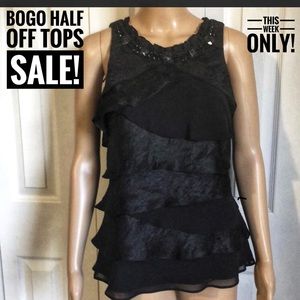 EXPO NEW YORK SHINY BLACK LAYER RUFFLE TOP SIZE10